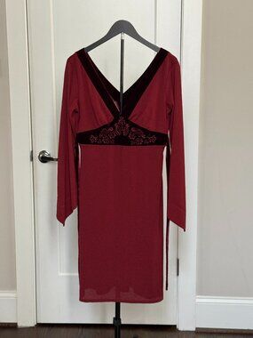 Vintage Arden B Royal Burgundy Empire Dress with Velvet Detail US Size Large
